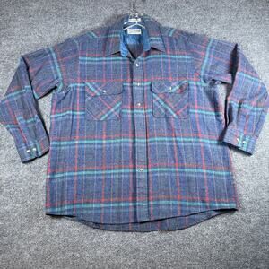 Vintage Sears Roebuck Shirt Mens Blue Plaid Wool Blend Flannel Size XL - READ